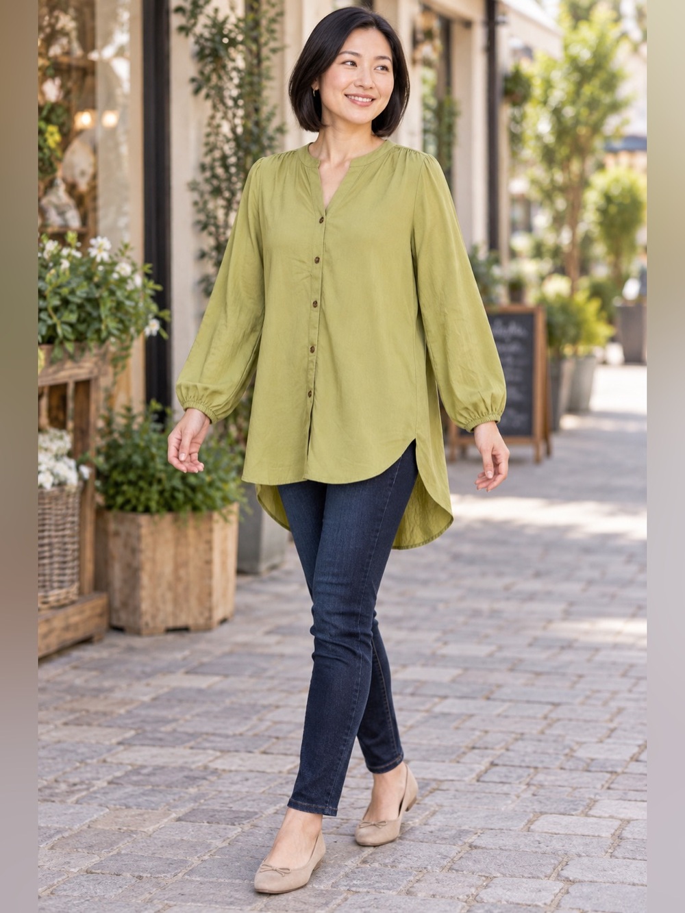 Lands' End Olive Green Button-Front High-Low Tunic